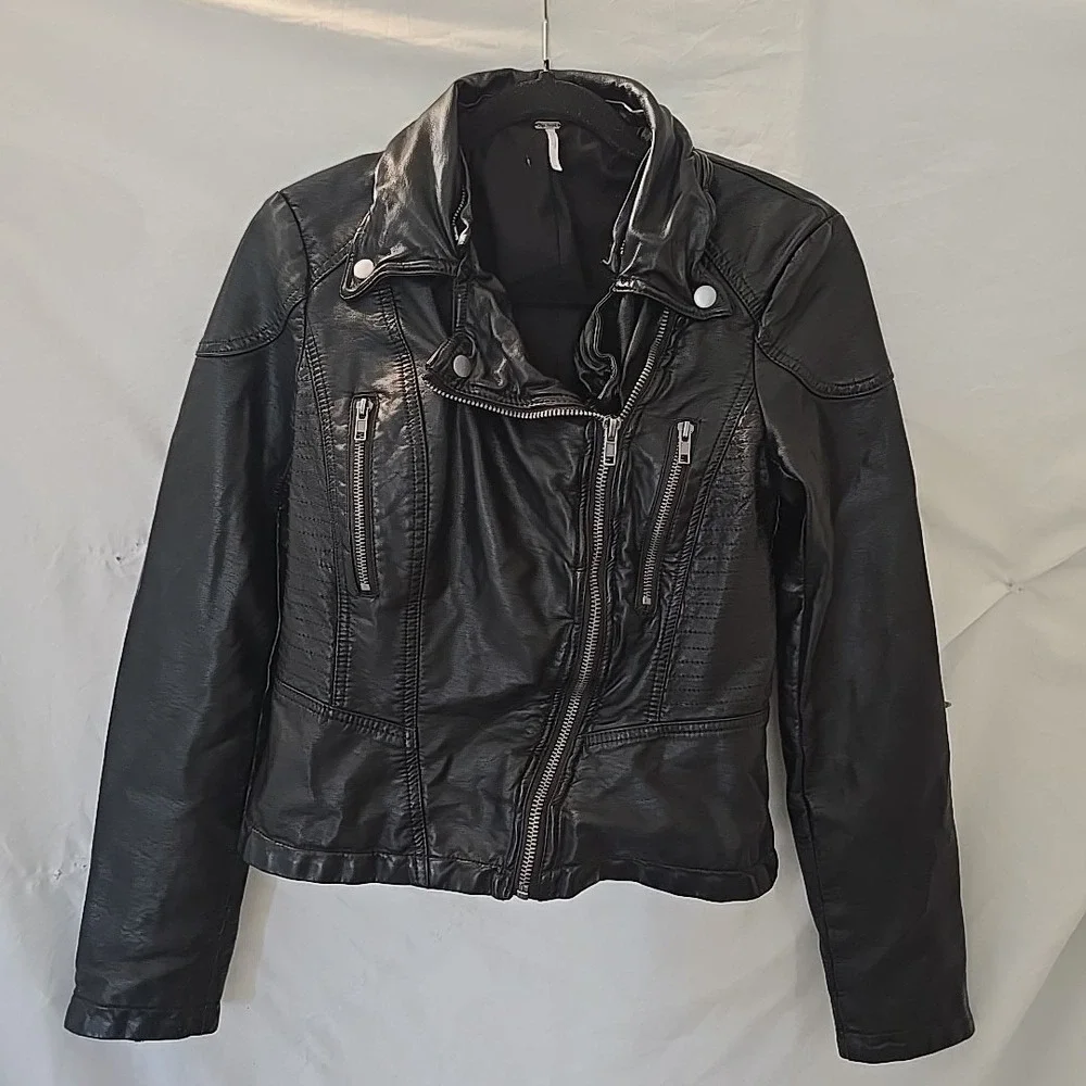 Free‎ People Soft Leather Jacket Moto Bomber Detachable Hood Black Size 4